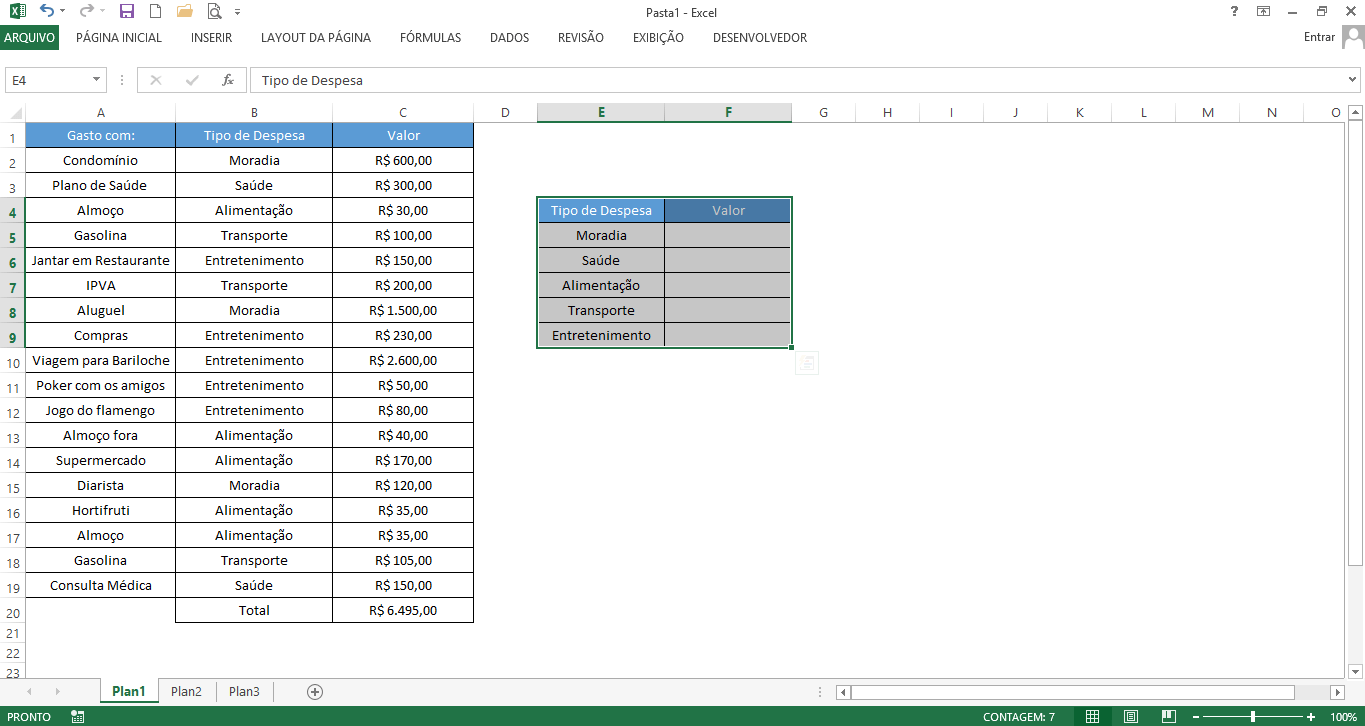 tabela criada para uso da fórmula somase no excel