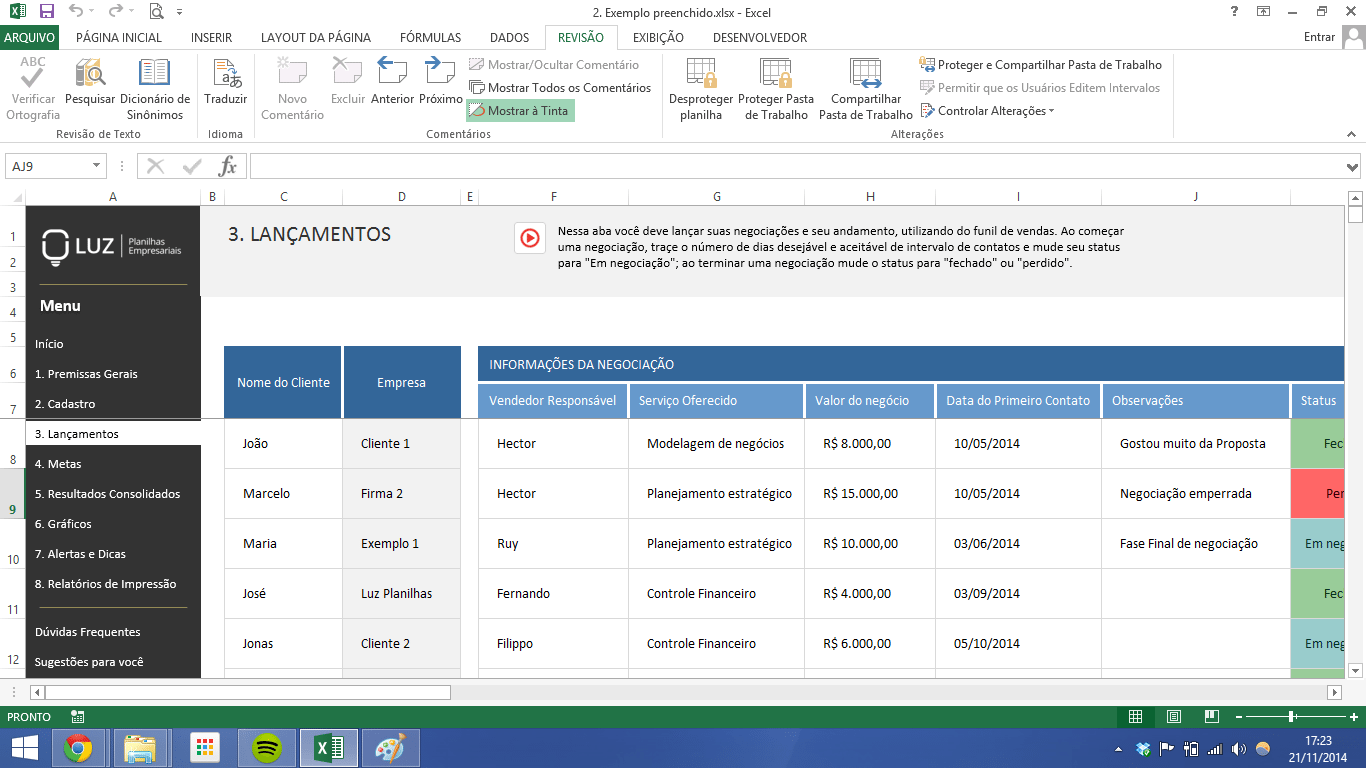 Banco de dados em Excel para controle de vendas