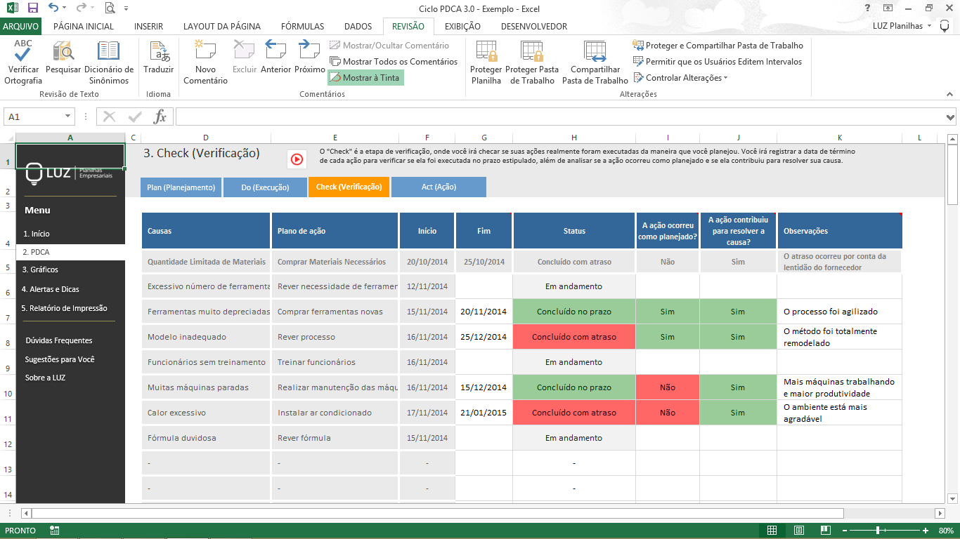 Ferramentas da Qualidade - Ciclo PDCA em Excel