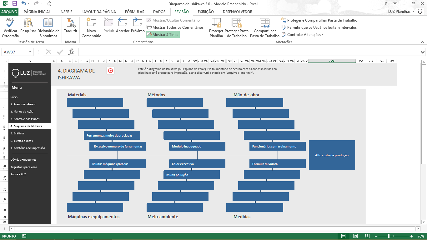 Ferramentas da Qualidade - Diagrama de Causa e Efeito - Ishikawa em Excel