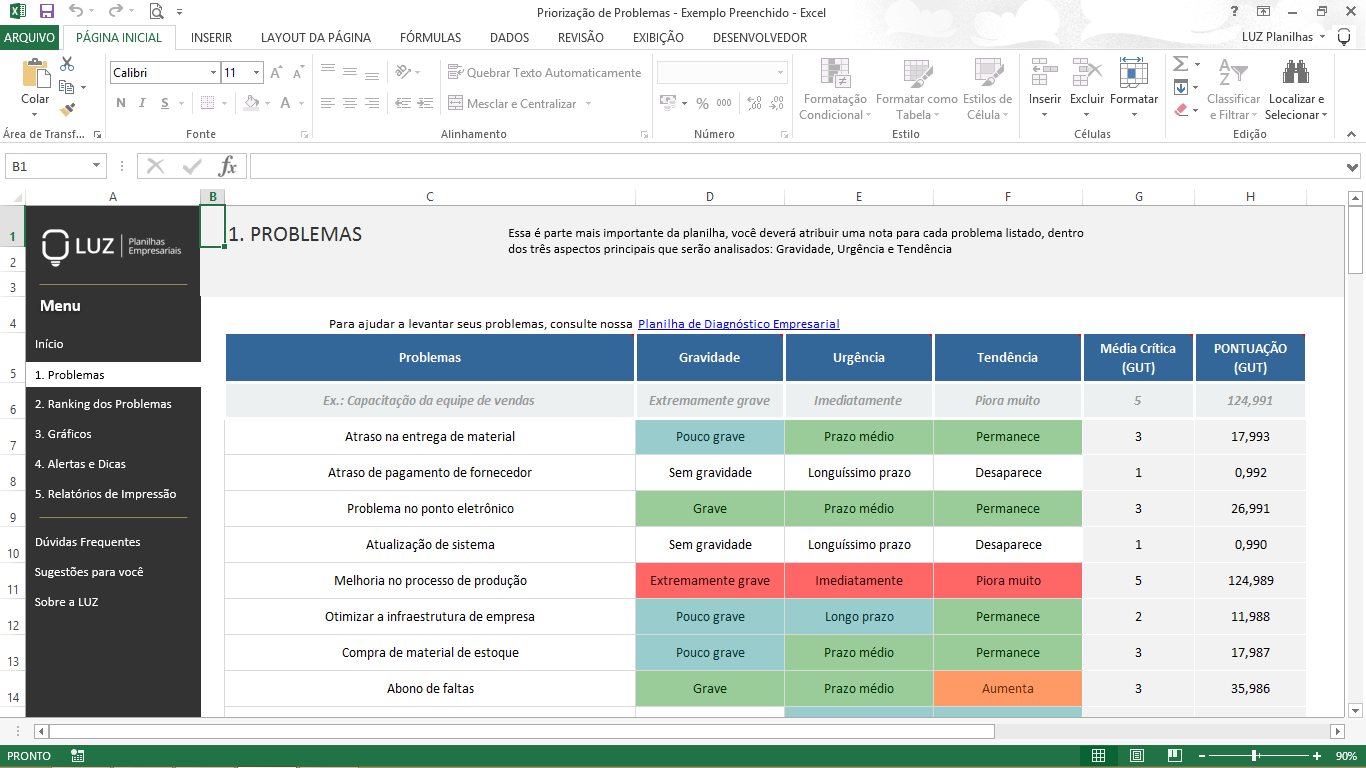 Ferramentas da Qualidade - Matriz GUT - Priorização de Problemas em Excel