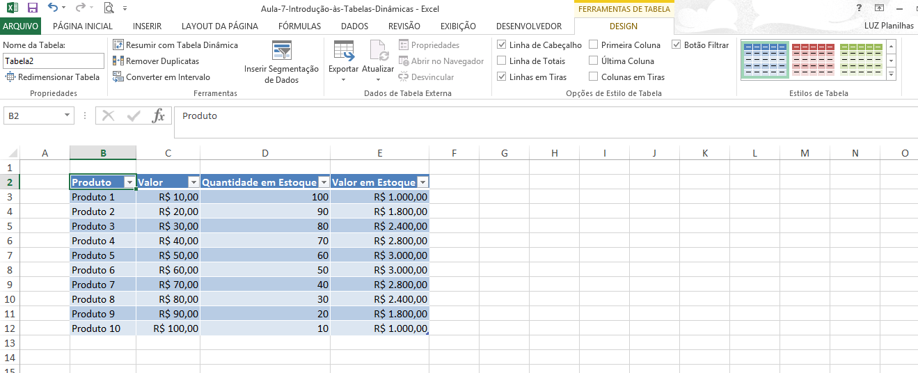 Como criar tabela no Excel - tabela de estoque pronta