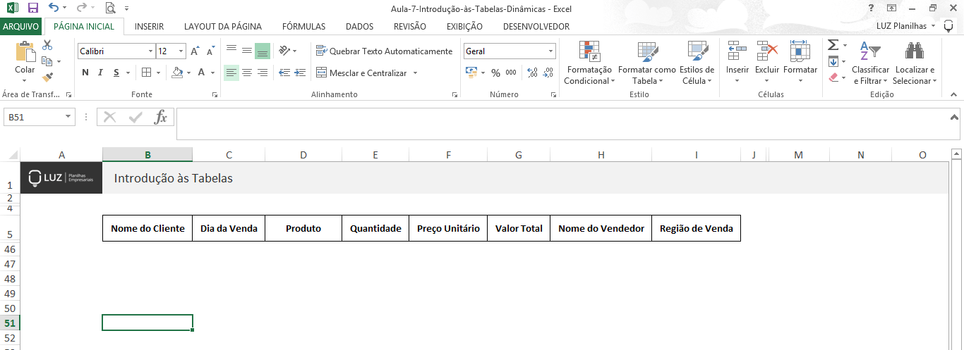 Como fazer tabela no Excel - definindo cabeçalho