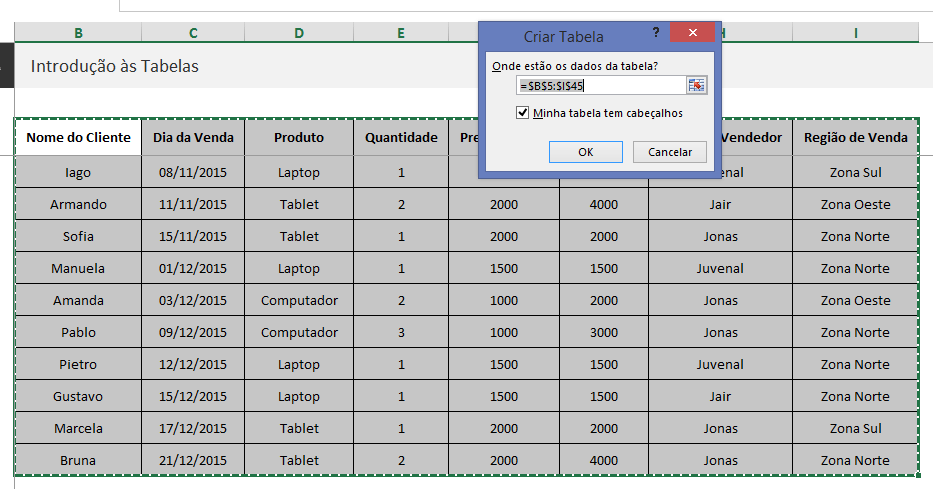Como fazer tabela no Excel - exemplo janela criar tabela