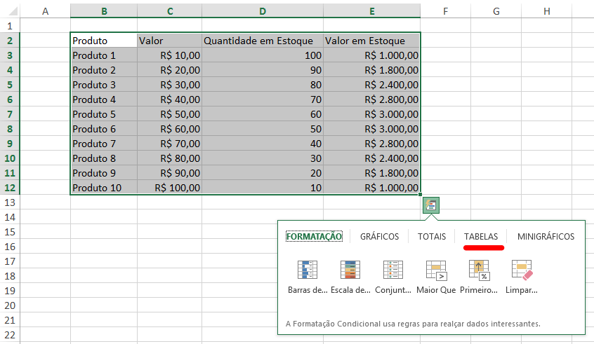 Como fazer tabela no Excel - ferramenta de análise rápida