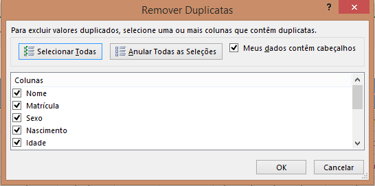 Remover duplicatas - janela de remover duplicatas