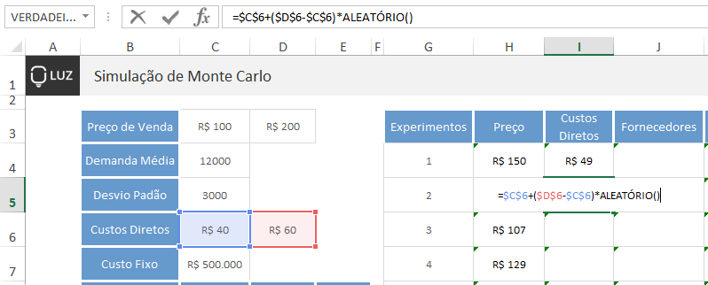 Simulação de Monte Carlo no Excel - Custos diretos