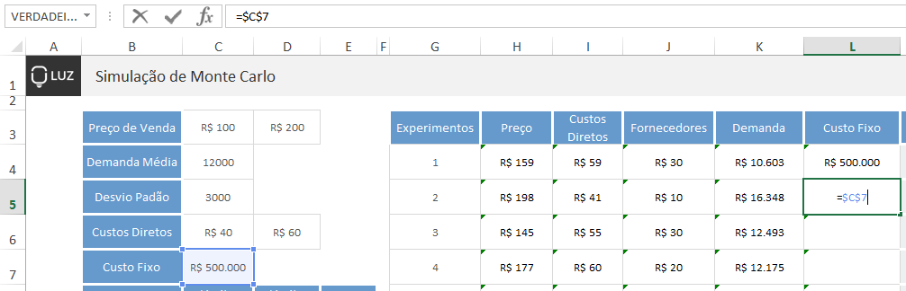 Simulação de Monte Carlo no Excel - custos fixos