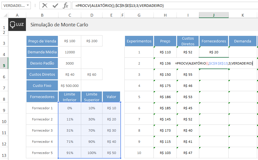 Simulação de Monte Carlo no Excel - fornecedores