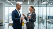Dois executivos, um homem e uma mulher, conversam intensamente sobre gestão em um escritório moderno com grandes janelas e vista para a cidade. O homem veste um terno azul-marinho e a mulher um elegante terninho cinza, ambos com expressões focadas que indicam uma discussão profunda.