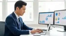 Consultor tecnológico asiático em um escritório moderno, focado em seu laptop e segundo monitor com gráficos, demonstrando análise de dados para um cliente. A imagem destaca o uso de tecnologia avançada em consultoria.