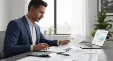 Um gerente analisa gráficos e planilhas em um laptop, cercado por documentos em uma mesa de escritório iluminada, focado no planejamento financeiro.