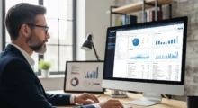--- ## Imagem de um Consultor Trabalhando A imagem mostra um consultor de meia-idade, com barba bem-cuidada e óculos, focado intensamente em um monitor de computador. Ele está sentado em uma mesa de escritório moderna, onde o monitor exibe a interface de um software **ERP** (Enterprise Resource Planning). A tela mostra gráficos, tabelas e dados relacionados a processos de negócios e gestão de estoque. O consultor veste um terno escuro, e o escritório é bem iluminado por luz natural, criando uma atmosfera calma e produtiva.